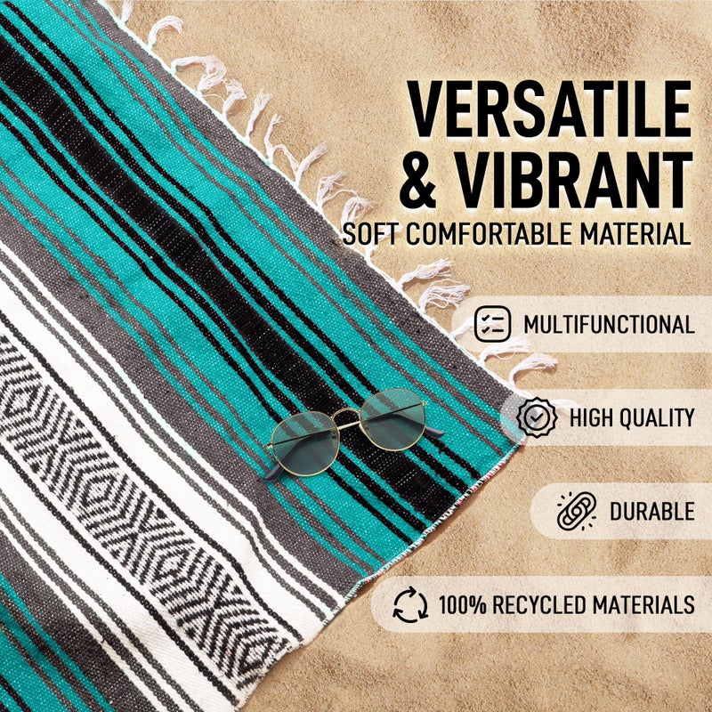Hydration Nation Authentic Extra Large Mexican Blanket - 70"x50" Handwoven Yoga, Serape, Artisanal Falsa, Beach, Camping, Picnic, Outdoor Blanket (Emerald) - Image 2